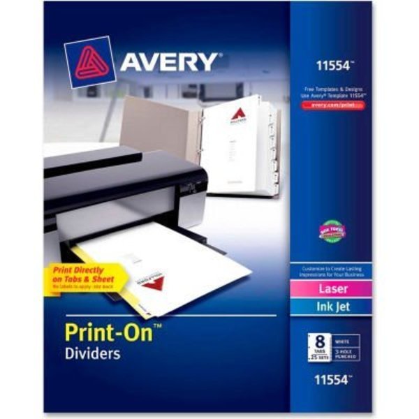 Avery Dennison Avery Customizable Print-On Divider, 8.5"x11", 8 Tabs, 25 Sets, White/White 11554